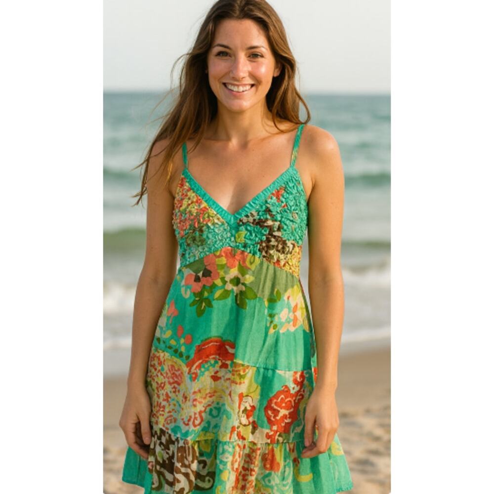 Y2K Vintage Rainforest Cafe Green Tropical Spaghetti Strap Dress XL